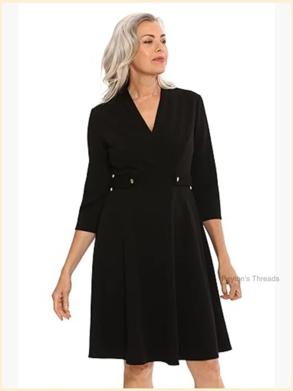 Crepe Fit and Flare Midi Dress with Waist Button Detail - Picture 4 of 7
